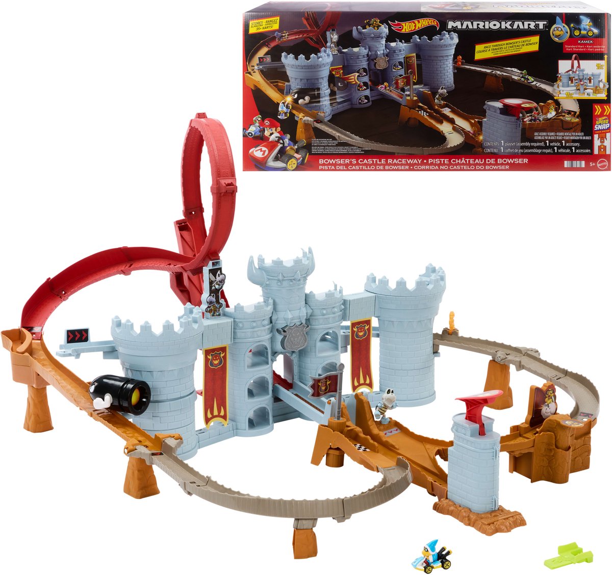 Hot Wheels Mario Kart Bowsers Castle - set di piste con macchinina Kamek in metallo