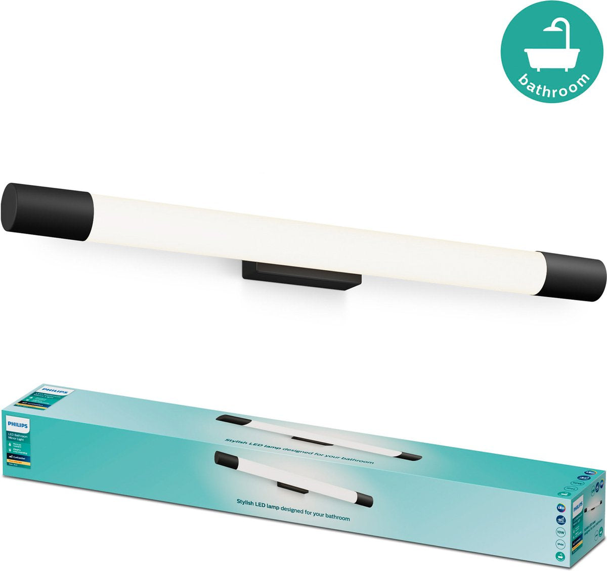 Illuminazione per specchio Philips LED Philips Rover - resistente agli schizzi IP44 - 10W - luce bianca calda - lampada da bagno - cilindrica - nera