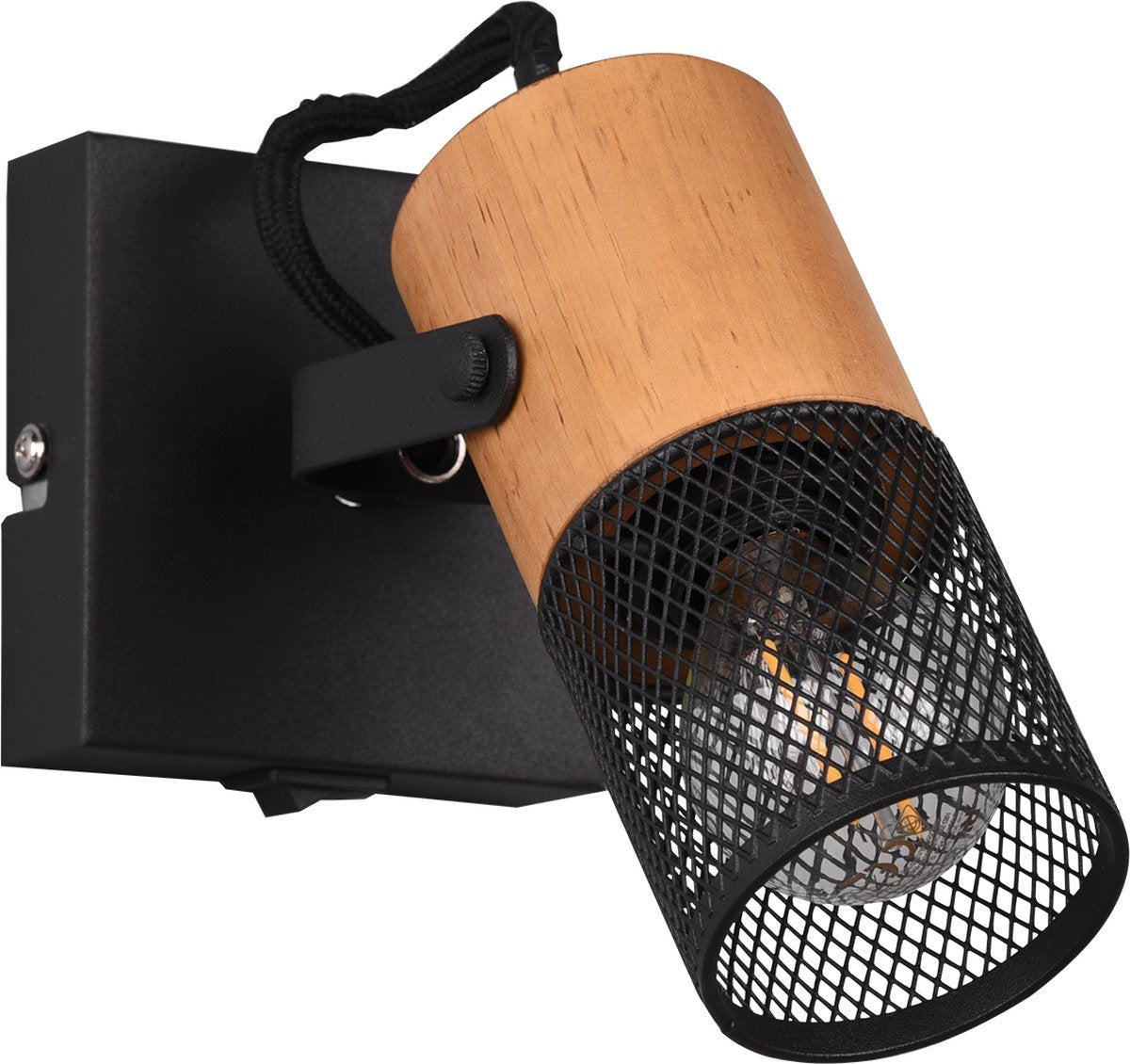Trio tosh - spot - negro mate - excl. 1x e14 15w - foco de pared con interruptor - elementos de madera