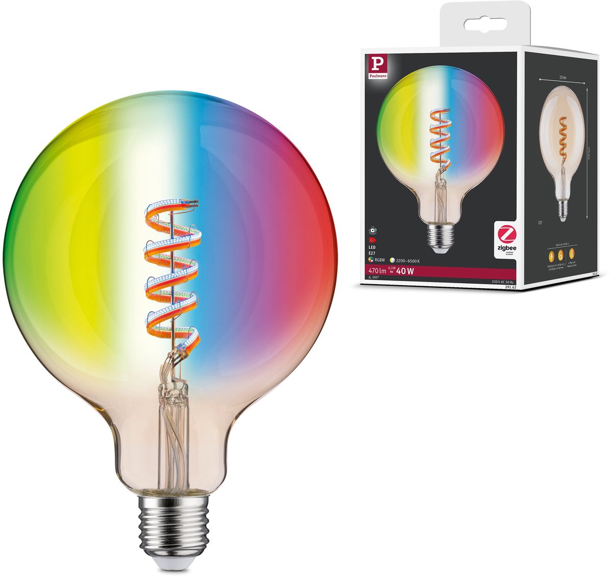 Paulmann filament 230 v smart home zigbee 3.0 led globe g125 e27 470lm 6,3w rgbw+ dimbaar goud