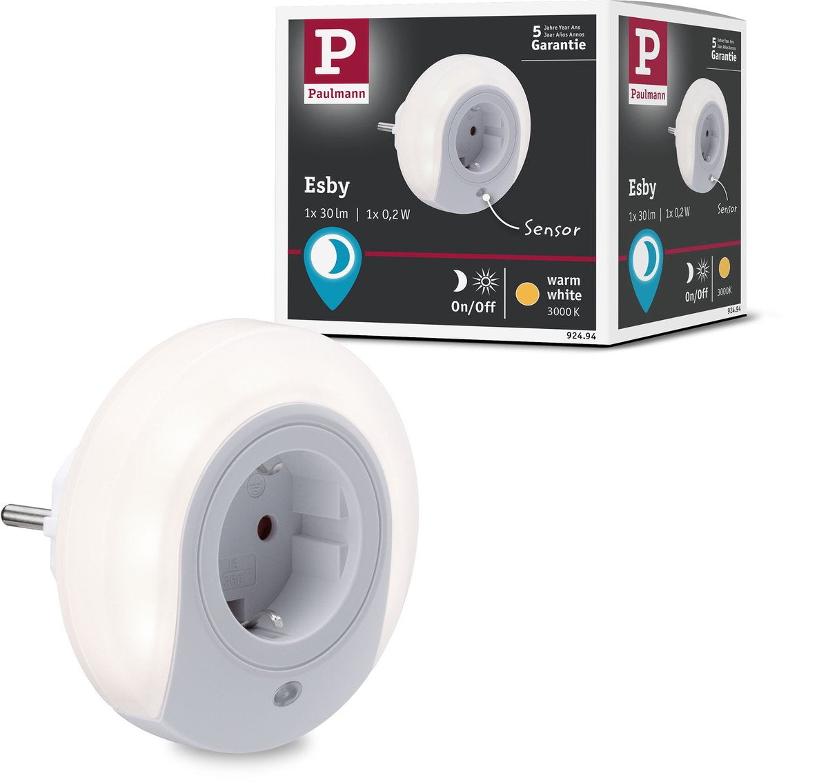 Paulmann nachtlamp esby met schemersensor rond 3000k 22lm