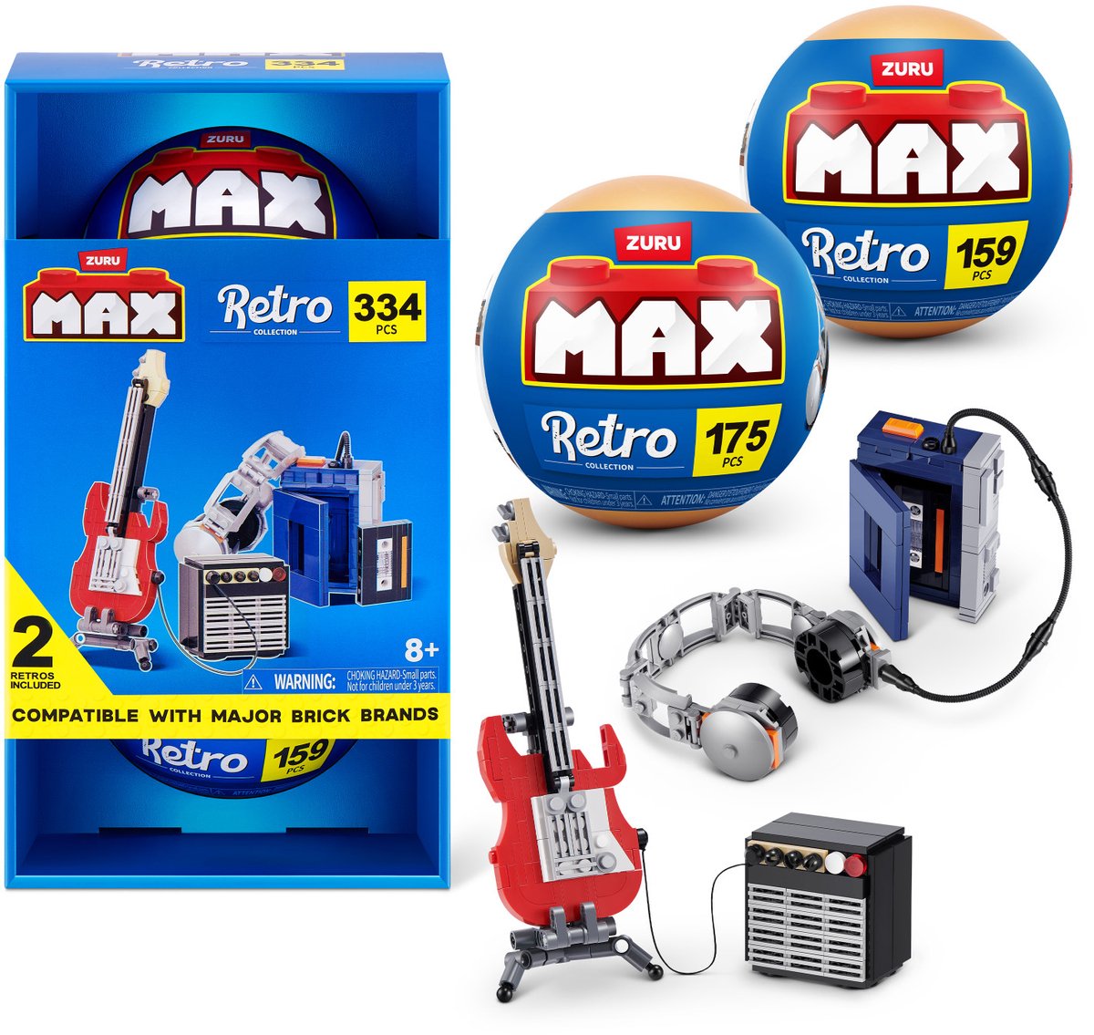 Max build more premium retro s2 building bricks collection 2-pack (walkman gitaar en versterker) by zuru
