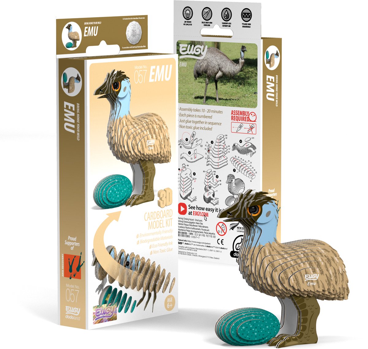 Puzzle 3d eugy - emú - pájaros - sostenible - colecciónalos todos - 6 años