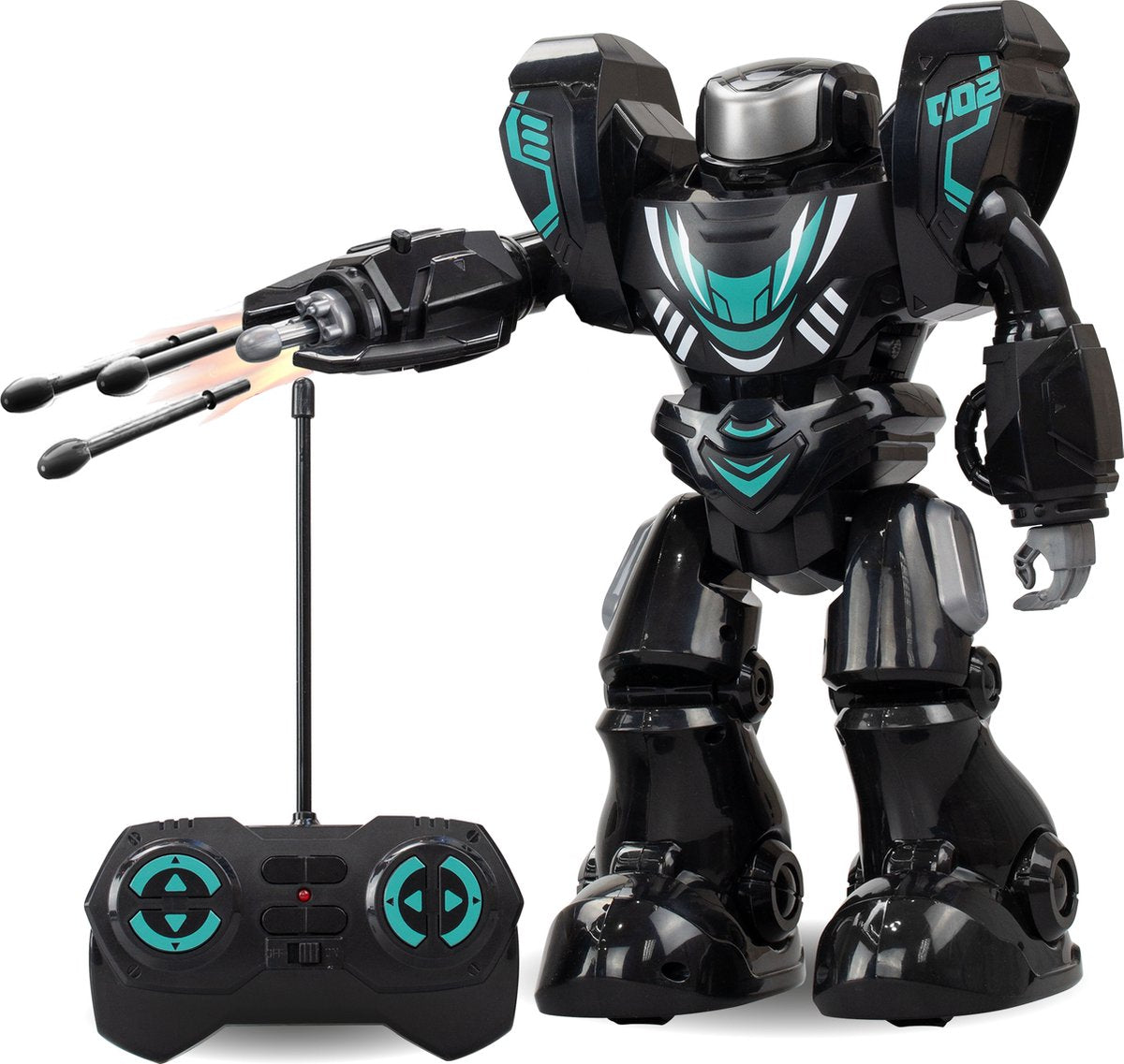 Il robot Silverlit fa esplodere un robot rc nero con il pugno sparato