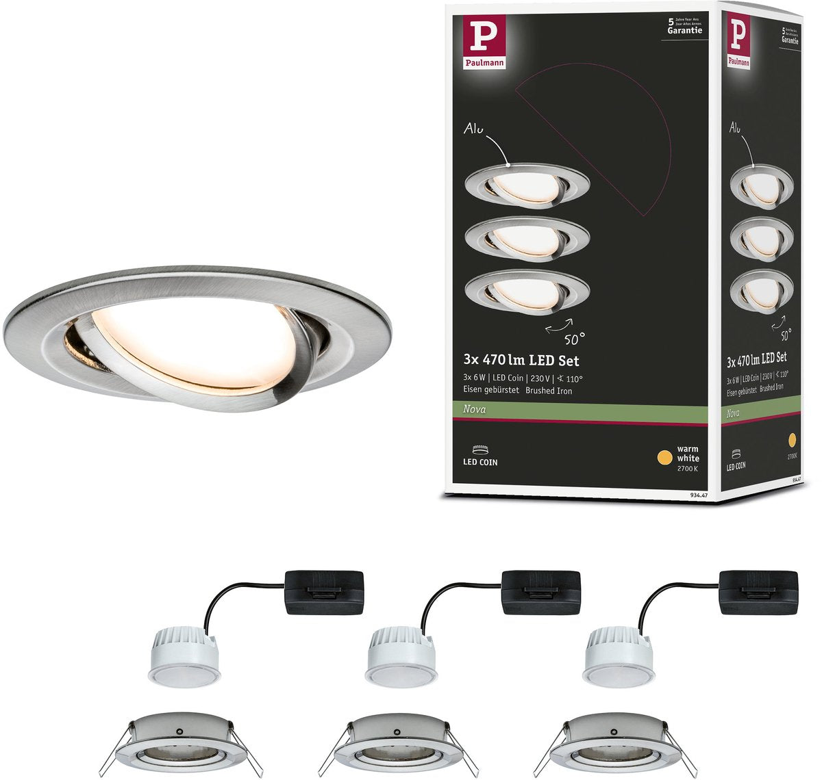 Paulmann LED empotrable nova coin juego de 3 orientable redondo 84 mm 50° coin 3x6w 3x470lm 230v 2700k acero cepillado