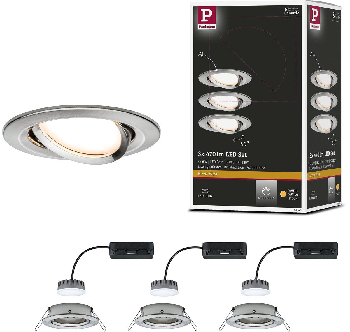 Paulmann LED empotrable nova plus base moneda set orientable redondo 84 mm 50° moneda 3x6w 3x470lm 230v regulable 2700k acero cepillado