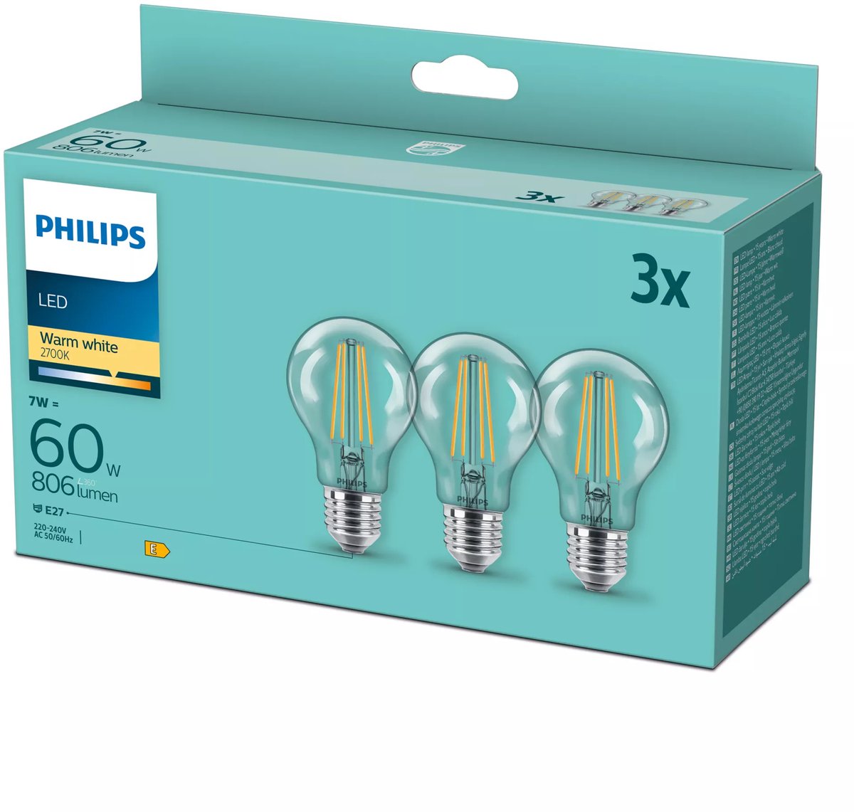 Lámpara LED Philips transparente - 60 W - E27 - luz blanca cálida - embalaje promocional