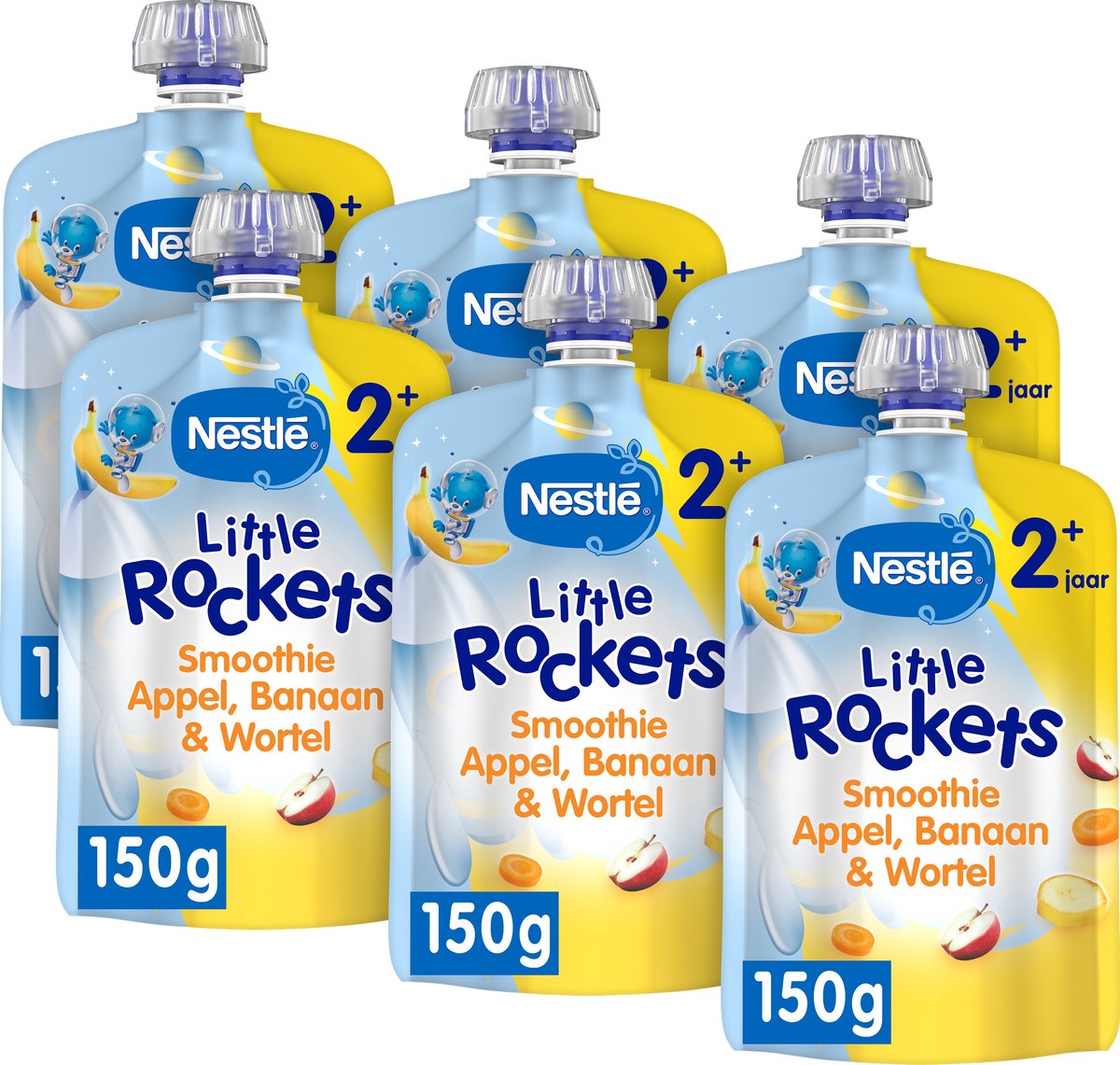 Nestlé little rockets manzana plátano zanahoria - exprimir fruta 2+ años - snacks - 6 x 150g