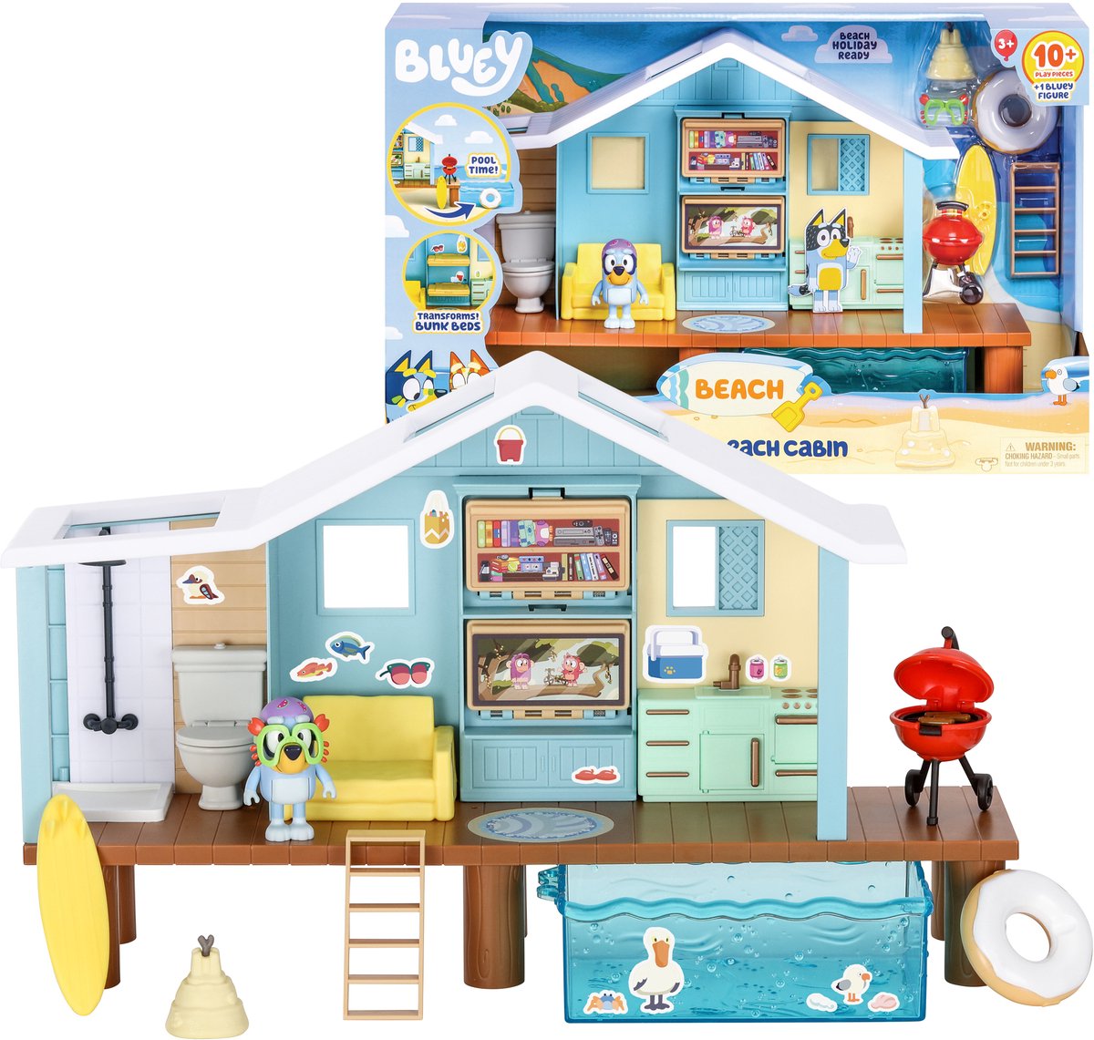 Moose Toys Bluey - Set da gioco con capanna sulla spiaggia di Bluey con statuetta esclusiva e più di 10 accessori