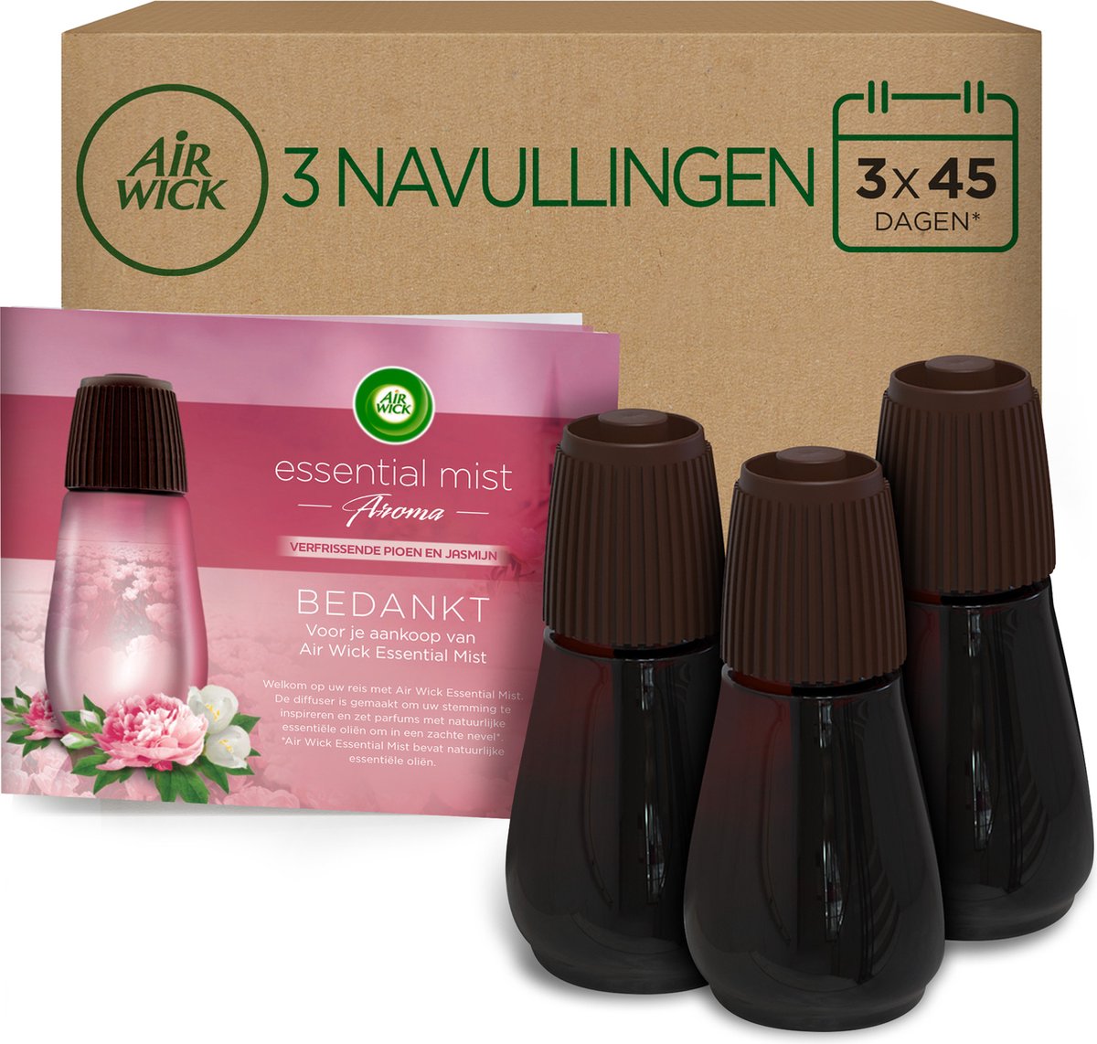 Deodorante automatico per ambienti Air Wick Essential Mist - rinfrescante peonia e gelsomino - 3 ricariche