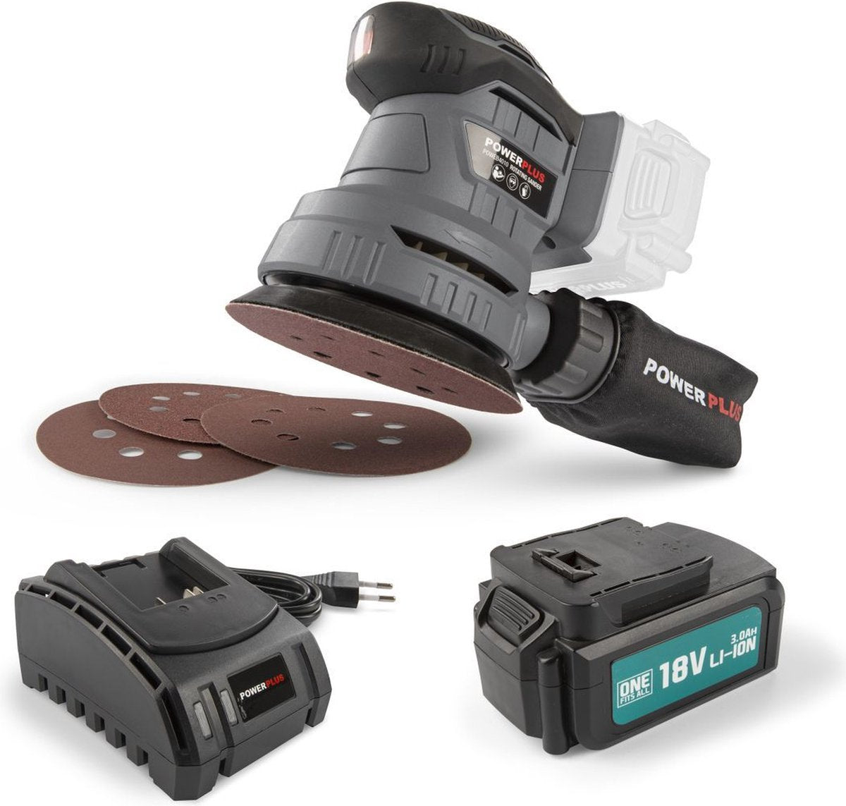 Levigatrice eccentrica Powerplus powebess3 - 18v+batt. 3,0 Ah+caricabatterie