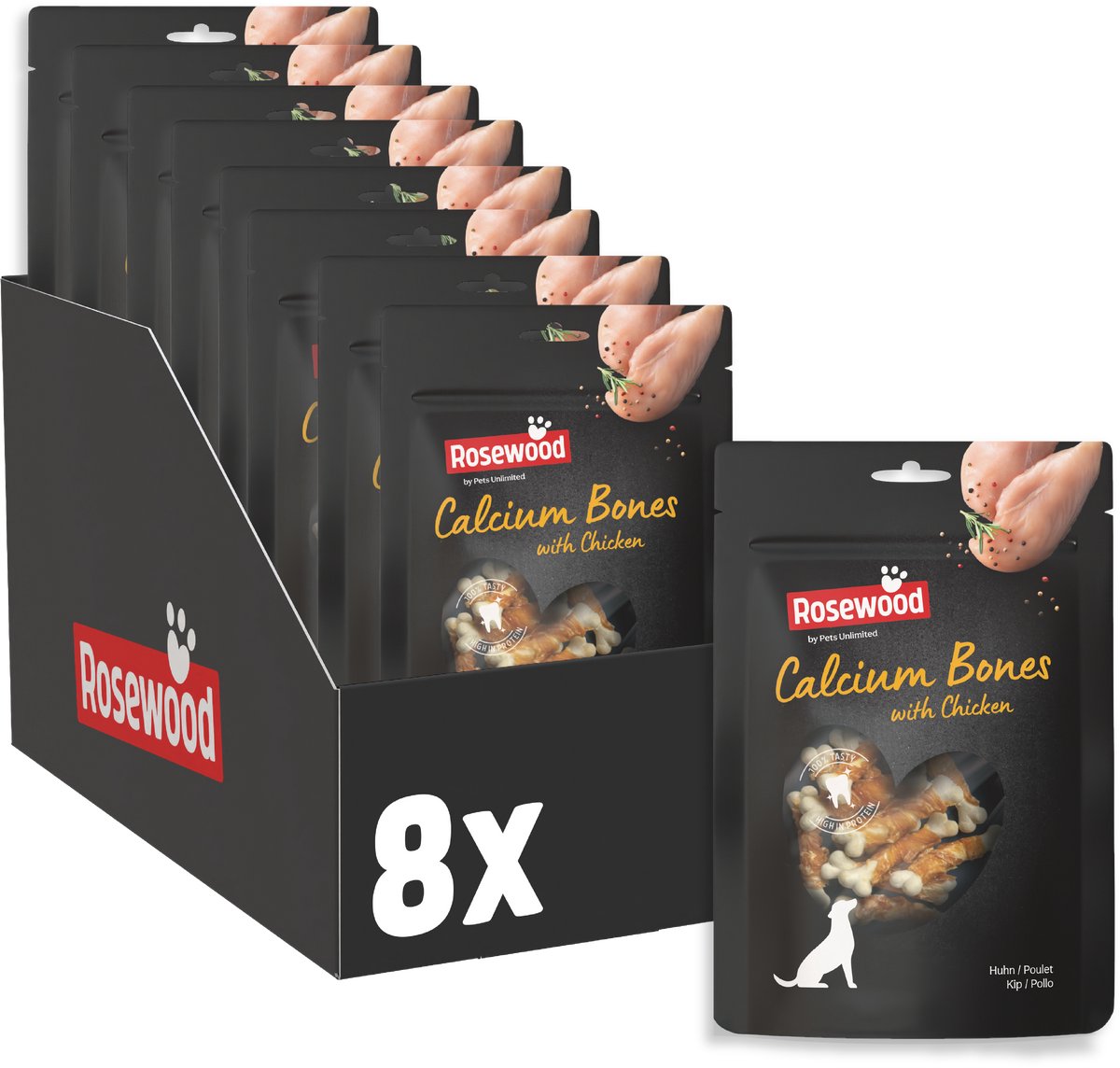 Ossa di pollo al calcio in palissandro - snack per cani con calcio extra - con pelle grezza di pollo - senza cereali - 8 buste da 100 g