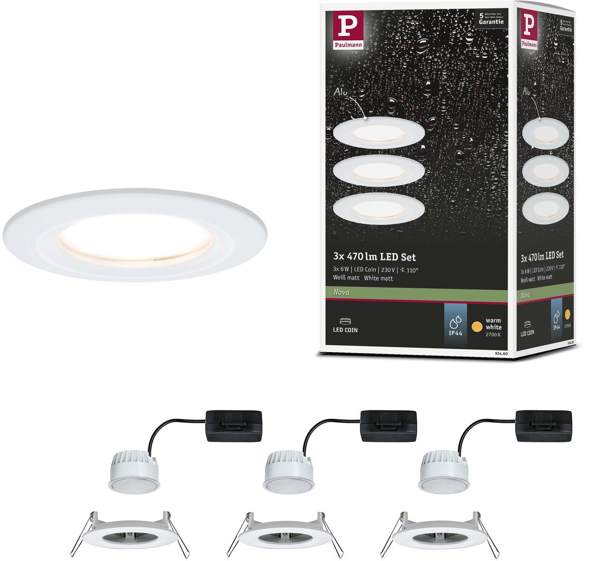 Paulmann empotrable LED nova coin set básico star ip44 redondo 78 mm coin 3x6w 3x470lm 230v 2700k blanco mate