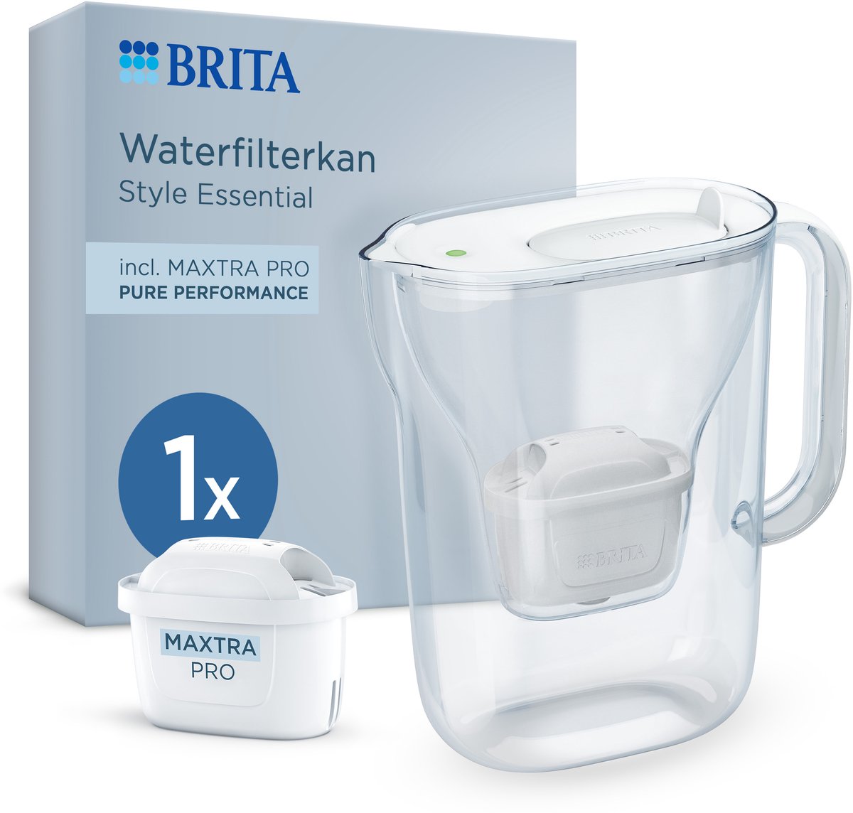 Jarra con filtro de agua Brita style esencial cool - 2,4 l - blanco - incl. 1 cartucho de filtro de agua maxtra pro pure performance: cabe en el refrigerador, con tapa con bisagras con luz LED inteligente
