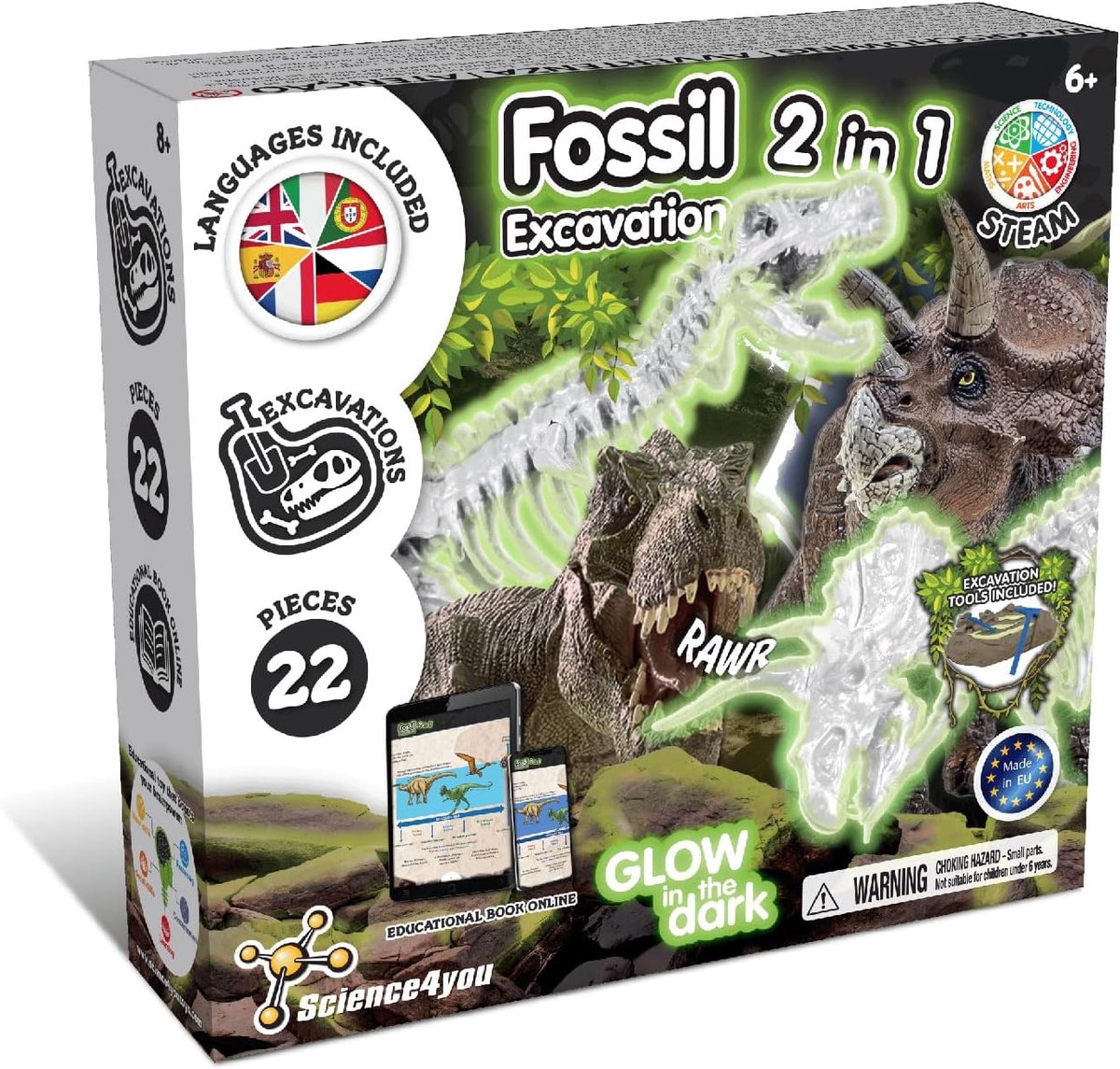 Science 4 you science4you dinosaurio fósil 2 en 1 – set de excavación con esqueletos que brillan en la oscuridad – construye 2 fósiles de dinosaurio – juguetes educativos a partir de 6 años