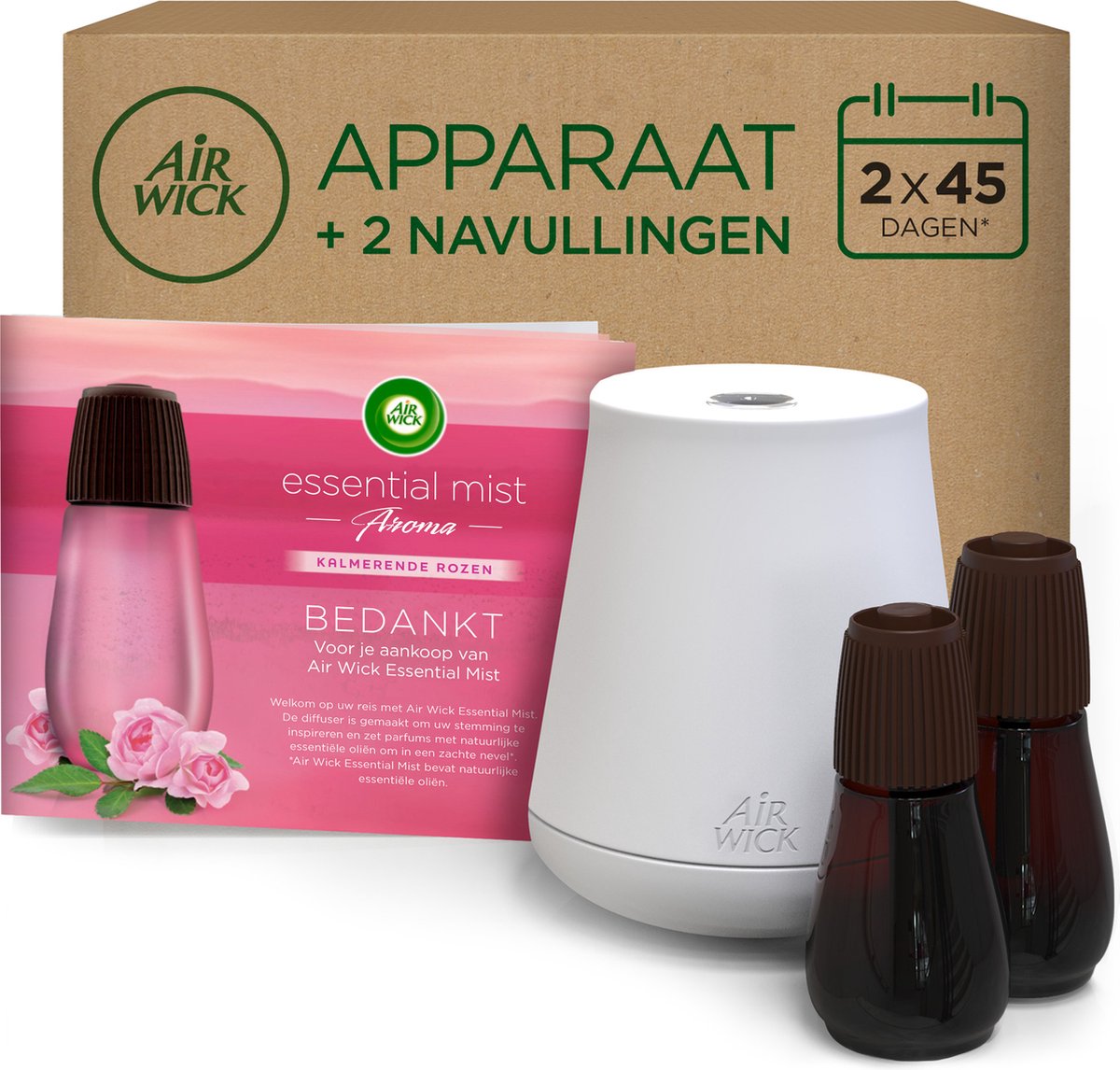 Air wick essential mist luchtverfrisser - kalmerende rozen - 1 wit apparaat + 2 navullingen