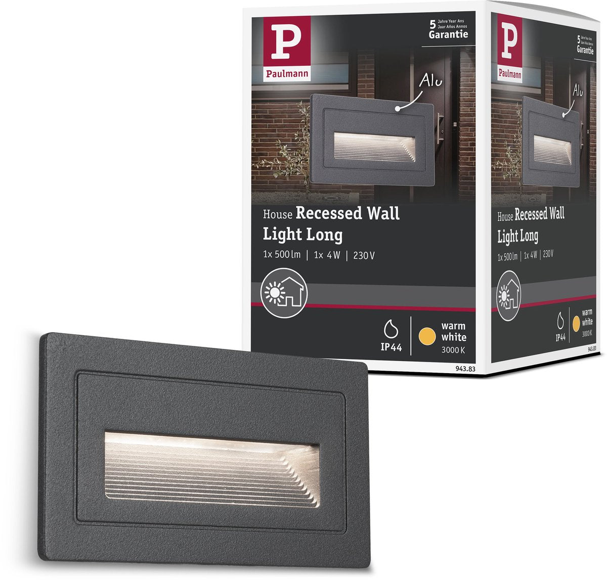 Paulmann Aplique LED exterior largo ip44 angular 103x62 mm 3000k 4w 30lm 230v negro aluminio