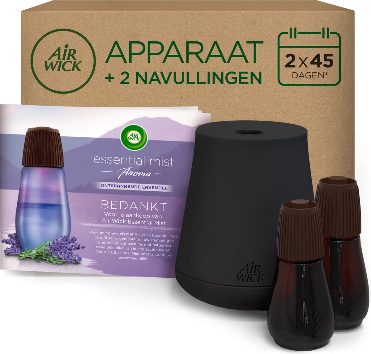 Deodorante per ambienti Air Wick Essential mist - lavanda rilassante - 1 dispositivo nero + oro + 2 ricariche