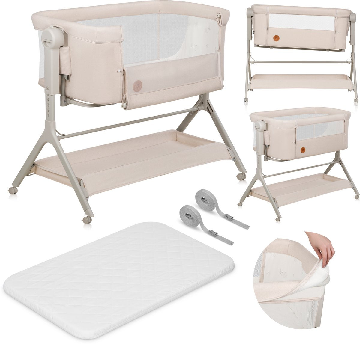 Lionelo leonie plus - co-sleeper 3 in 1 wieg en babybed – kinderbed tot 9 kg – hoogteverstelling in 6 niveaus – schommelfunctie – t25 matras – opbergmand – wielen – afneembare hoezen
