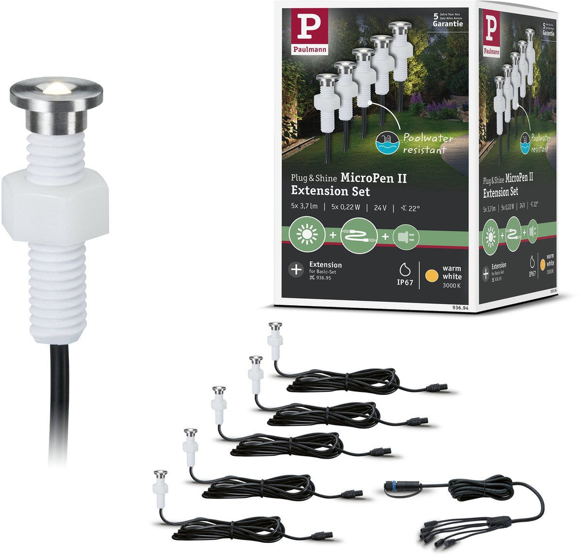 Paulmann Plug Shine LED Lampada da Incasso a Terra Micropen II Set Espansione IP67 3000K 5x0,2W Argento
