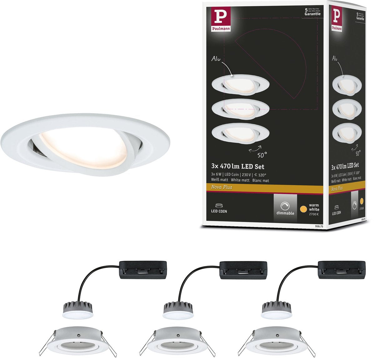 Paulmann empotrable LED nova plus base moneda set orientable redondo 84 mm 50° moneda 3x6w 3x470lm 230v regulable 2700k blanco mate