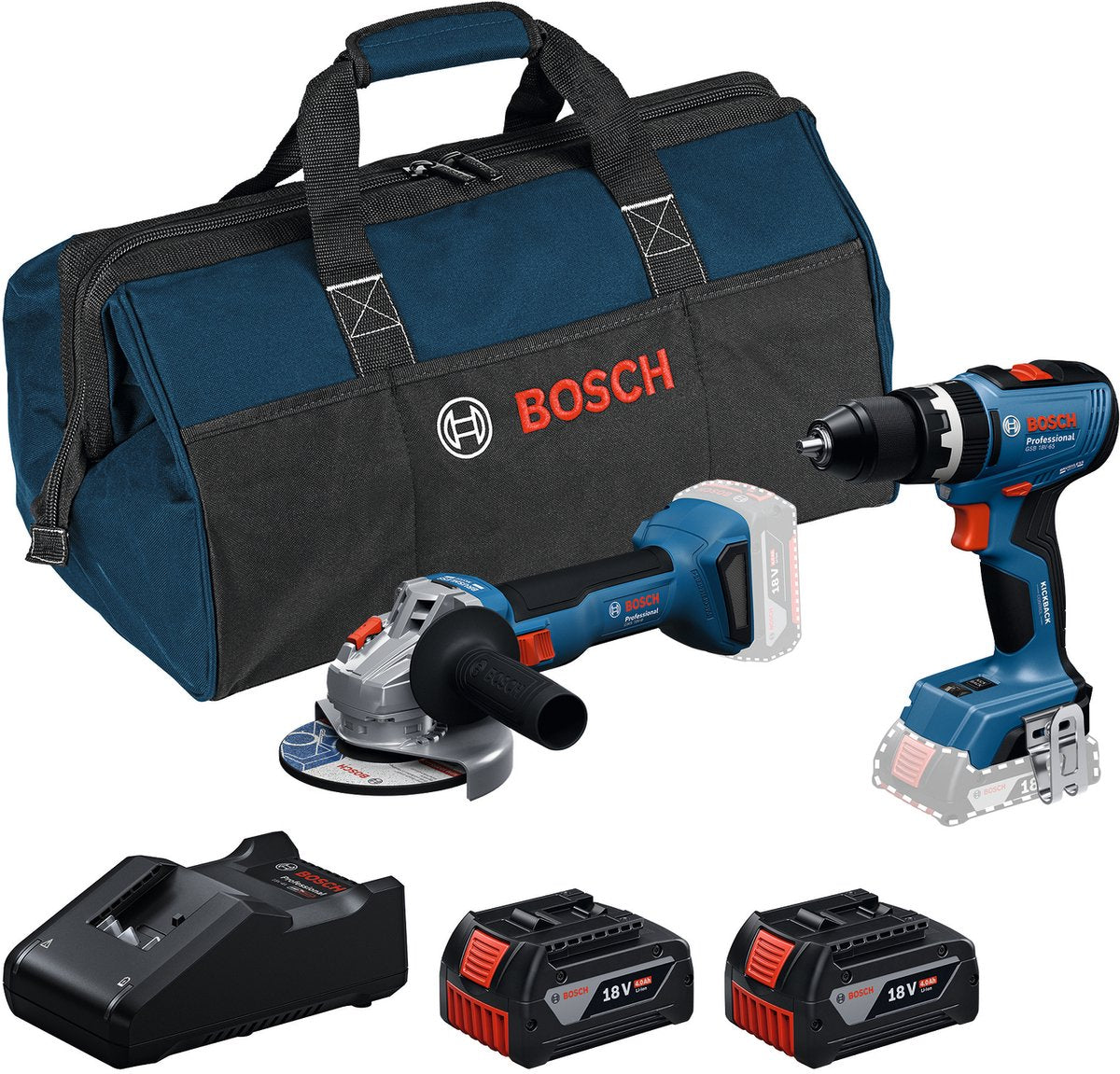 Bosch professional 18v toolkit - combiset - gws 18v-8 + gsb 18v-65 + 2x gba 18v 4.0 ah + gal 18v-40 lader