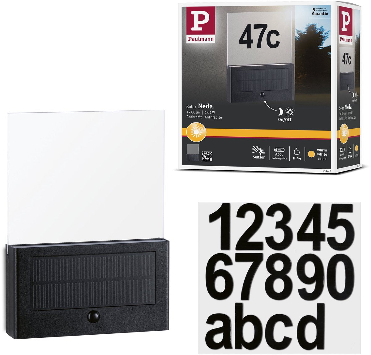 Paulmann solar led-huisnummerverlichting neda bewegingsmelder ip44 3000k 27lm antraciet