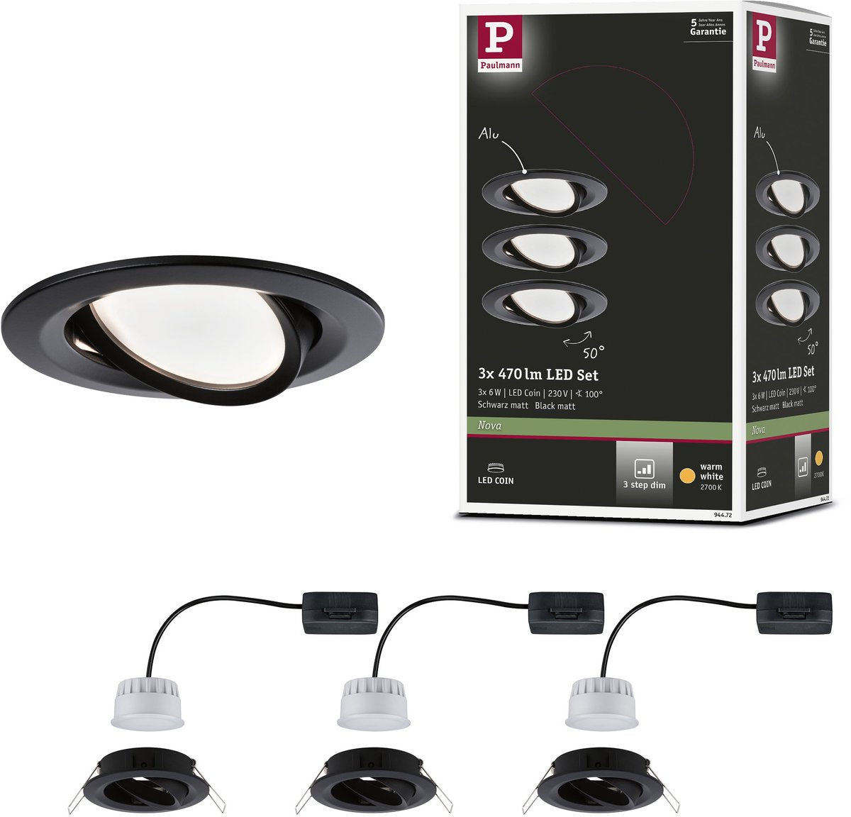 Paulmann empotrable LED nova coin orientable redondo 84 mm 50° coin 3x6w 3x470lm 230v regulable 2700k negro mate