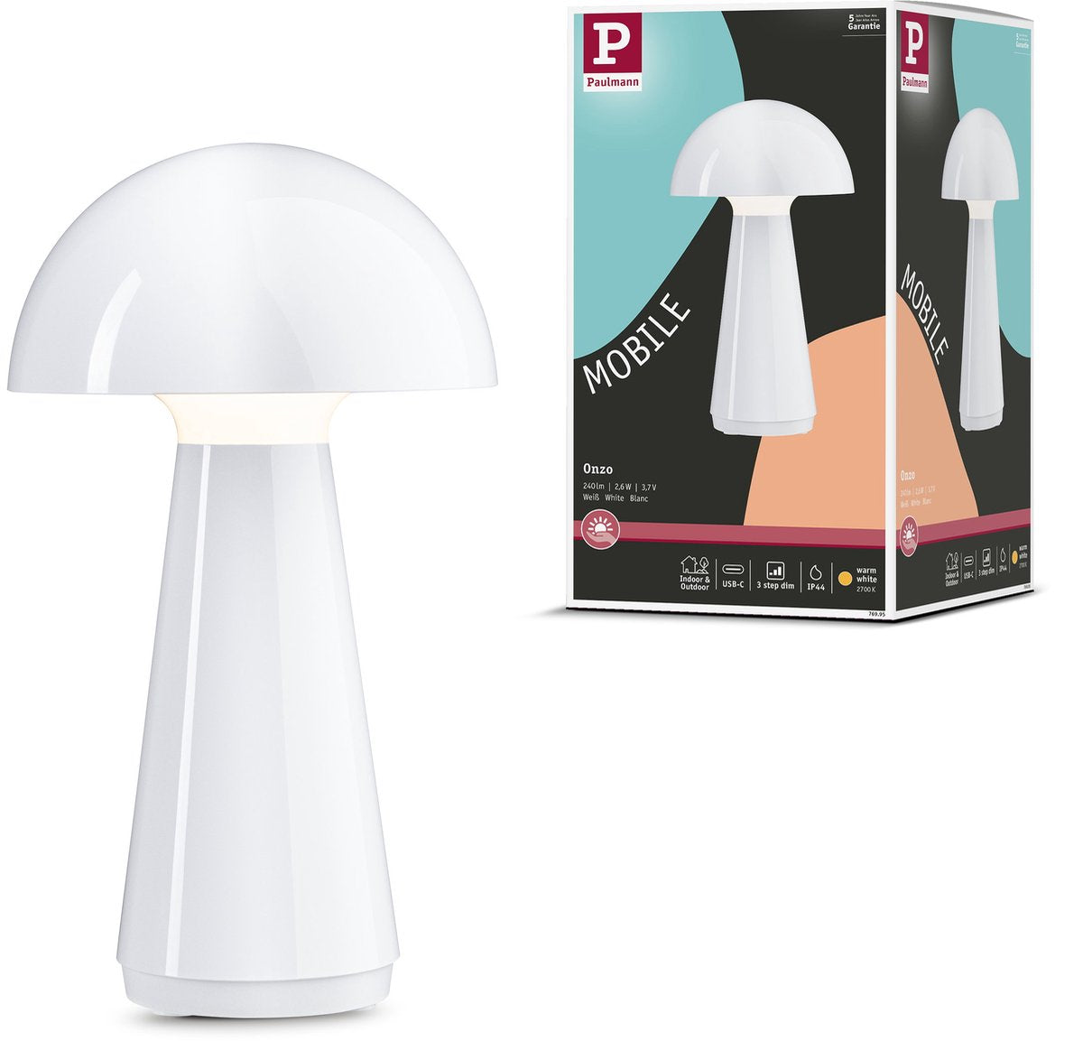 Paulmann lampara bateria 3-step-dim onzo ip44 regulable 2700k blanco