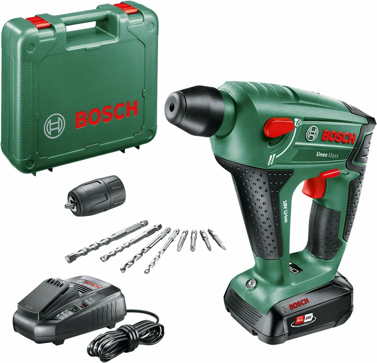 Trapano a percussione a batteria Bosch uneo maxx - con 1 batteria da 18 V e caricabatterie - con custodia