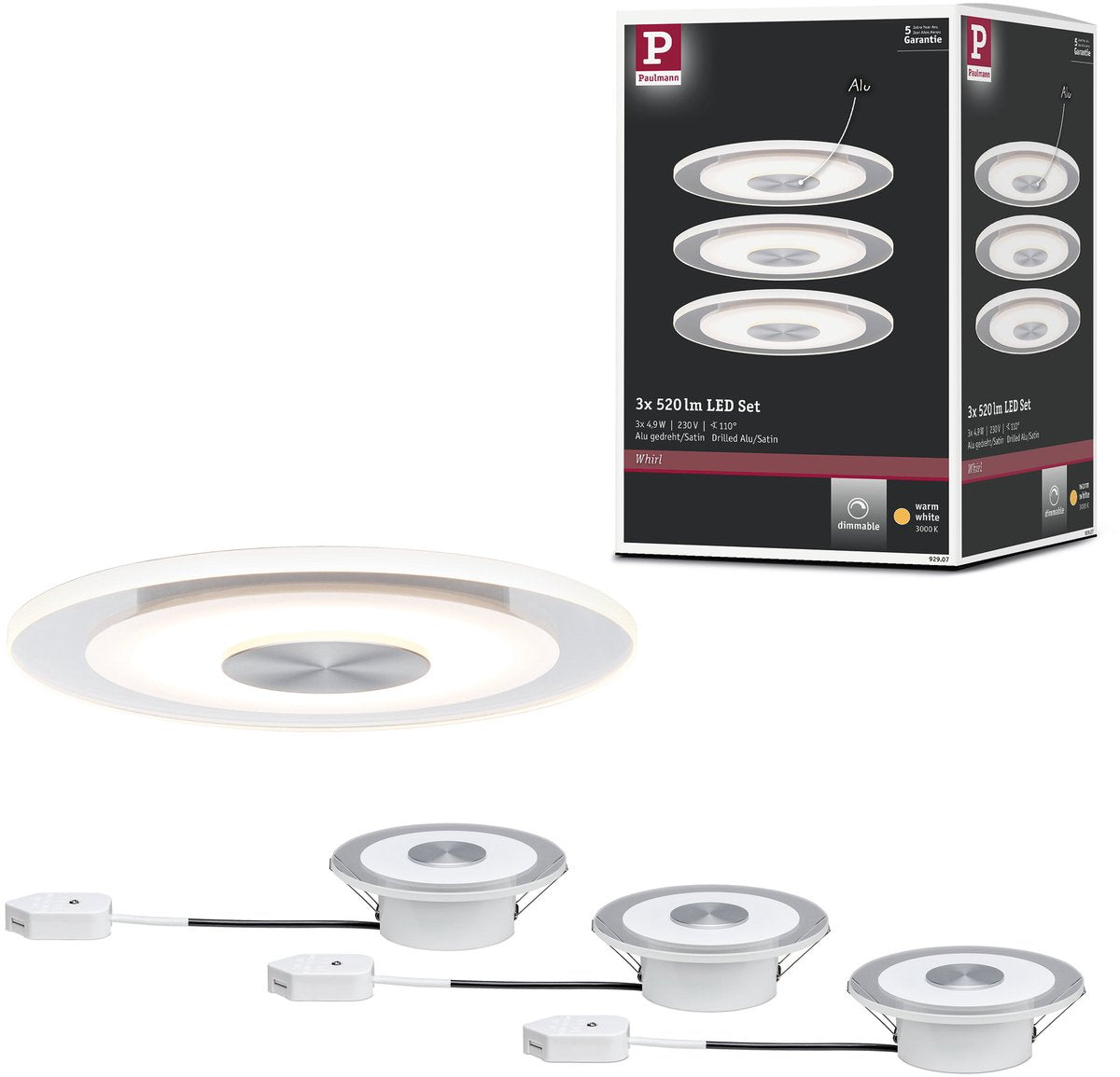 Paulmann premium empotrable LED whirl basic set redondo 120 mm 3x4,9w 3x180lm 230v regulable 3000k aluminio torneado, satinado