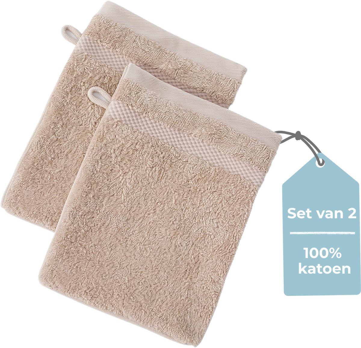 Hush. living hush living - washand 100% katoen - set van 2 - zware kwaliteit 500g m2 - stijlvol boord en ophanglus- 16x22cm - zand
