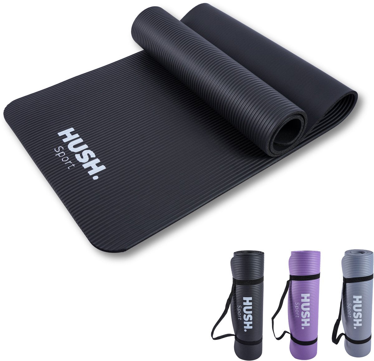 Hush sport - esterilla de yoga 180 x 60 cm - acolchado NBR de 8 mm de espesor - para yoga, pilates fitness - incluye práctica correa de transporte - ligera y enrollable - negra