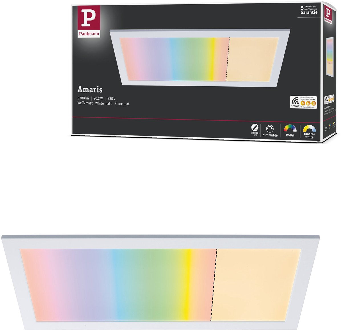 Paulmann Panel LED hogar inteligente Zigbee 3.0 Amaris angular 595x295 mm 22W 1800lm RGBW+ blanco regulable
