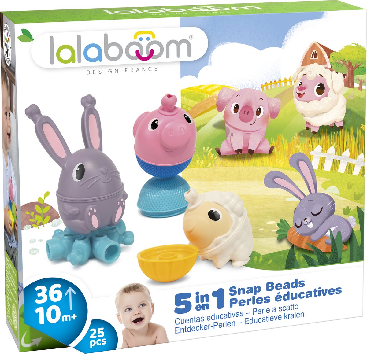 Lalaboom - perline educative e animali da fattoria - pecora, maiale e coniglio - 25 pezzi
