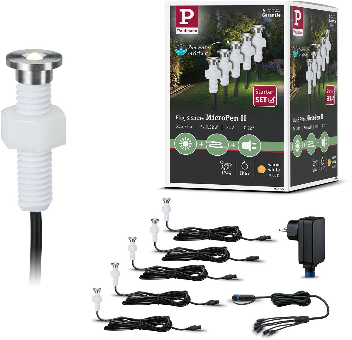 Paulmann Plug Shine LED Lampada da incasso a terra Micropen II Basic Set IP67 3000K 5x0,2W 21VA Argento