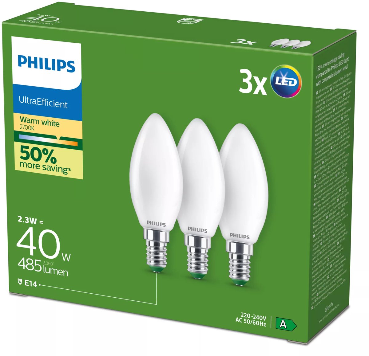 Philips lampara vela incandescente mate 40w b35 e14 x3