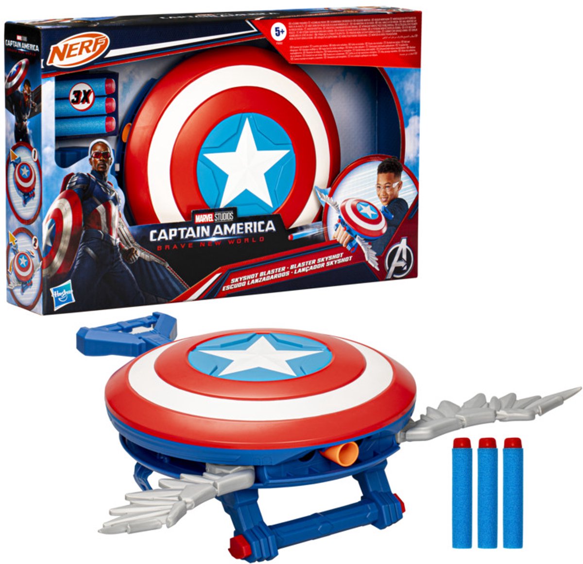 Hasbro marvel studios captain america brave new world nerf skyshot-blaster, schild-rollenspelspeelgoed