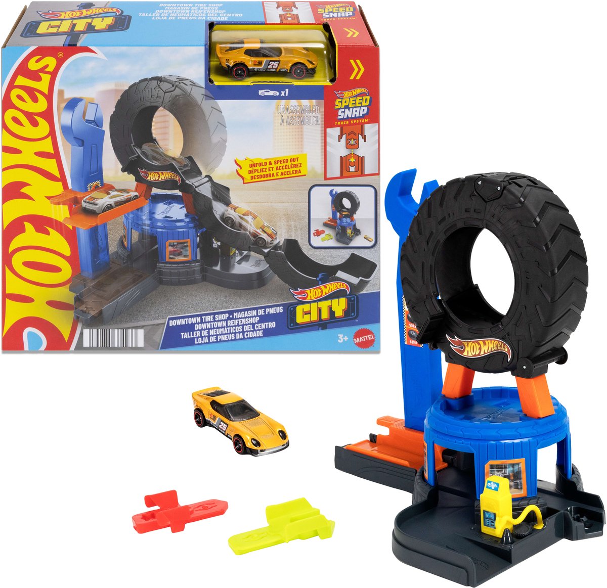 Officina per pneumatici Hot Wheels City Center - set da gioco e macchinina - adatta per il sistema di binari a clic rapido