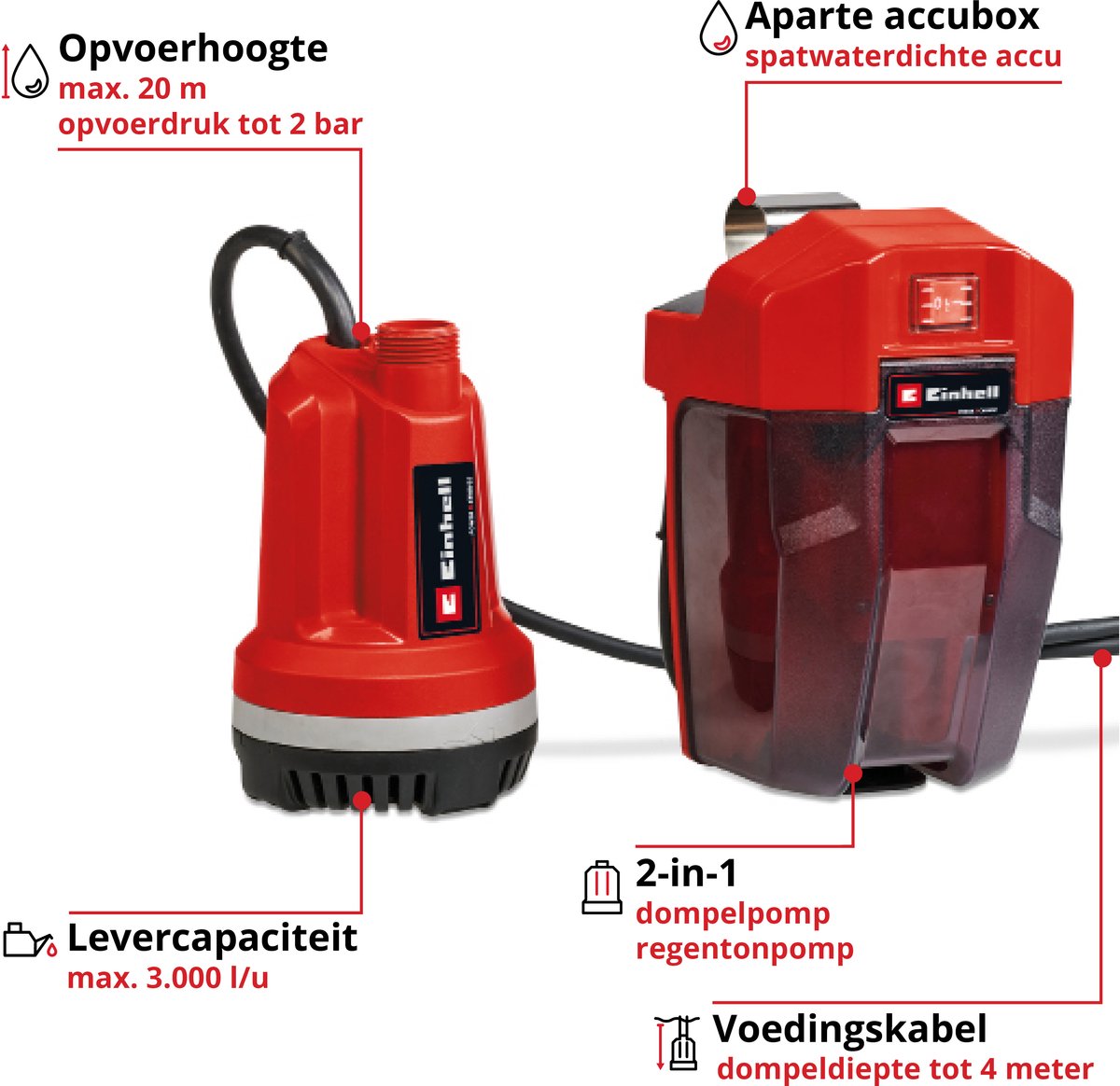 Bomba de barril de lluvia con batería einhell - ge-pp 18 rb li solo - power x-change - 18 v li-ion - máx. capacidad de entrega: 3.000 l h - máx. altura: 20 m - máx. profundidad de inmersión: 4 m - excl. batería y cargador