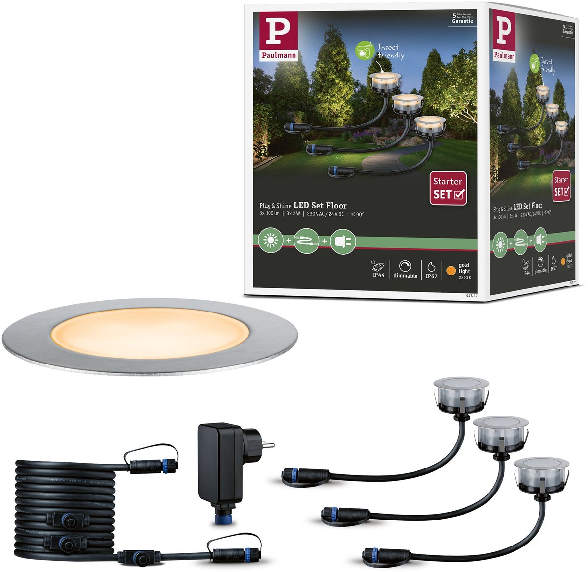 Paulmann Plug Shine LED Lampada da incasso a pavimento Pavimento Set Basic Insetto-friendly IP67 2200K 3x2W 21VA Argento
