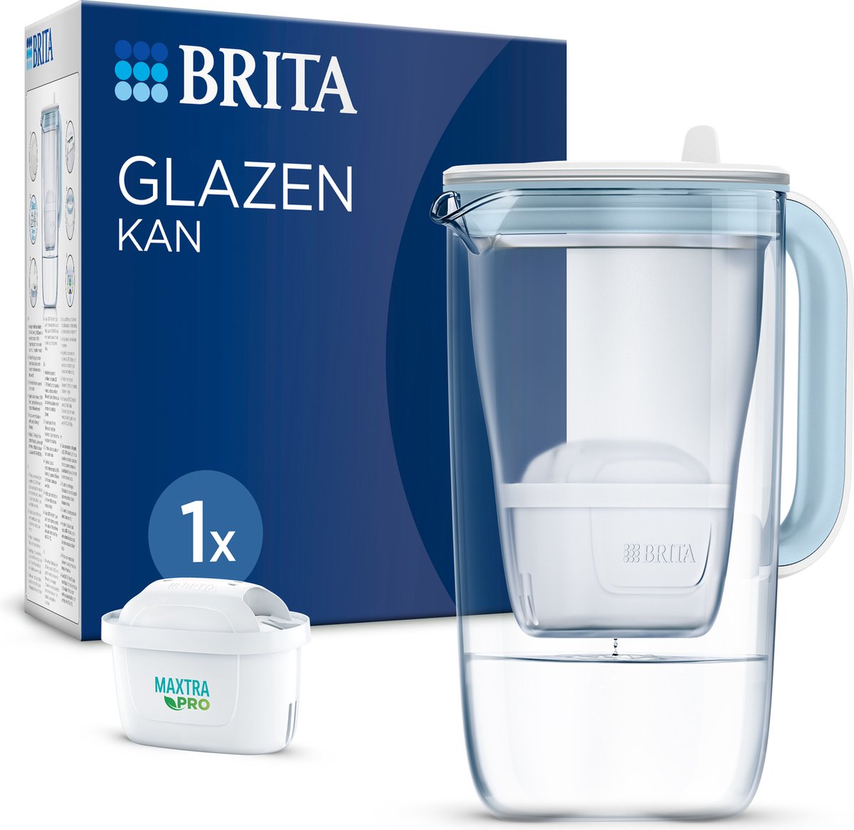 Brita - duurzame glazen waterfilterkan - 2,5l - blauw - incl. 1 maxtra pro pure performance filterpatroon