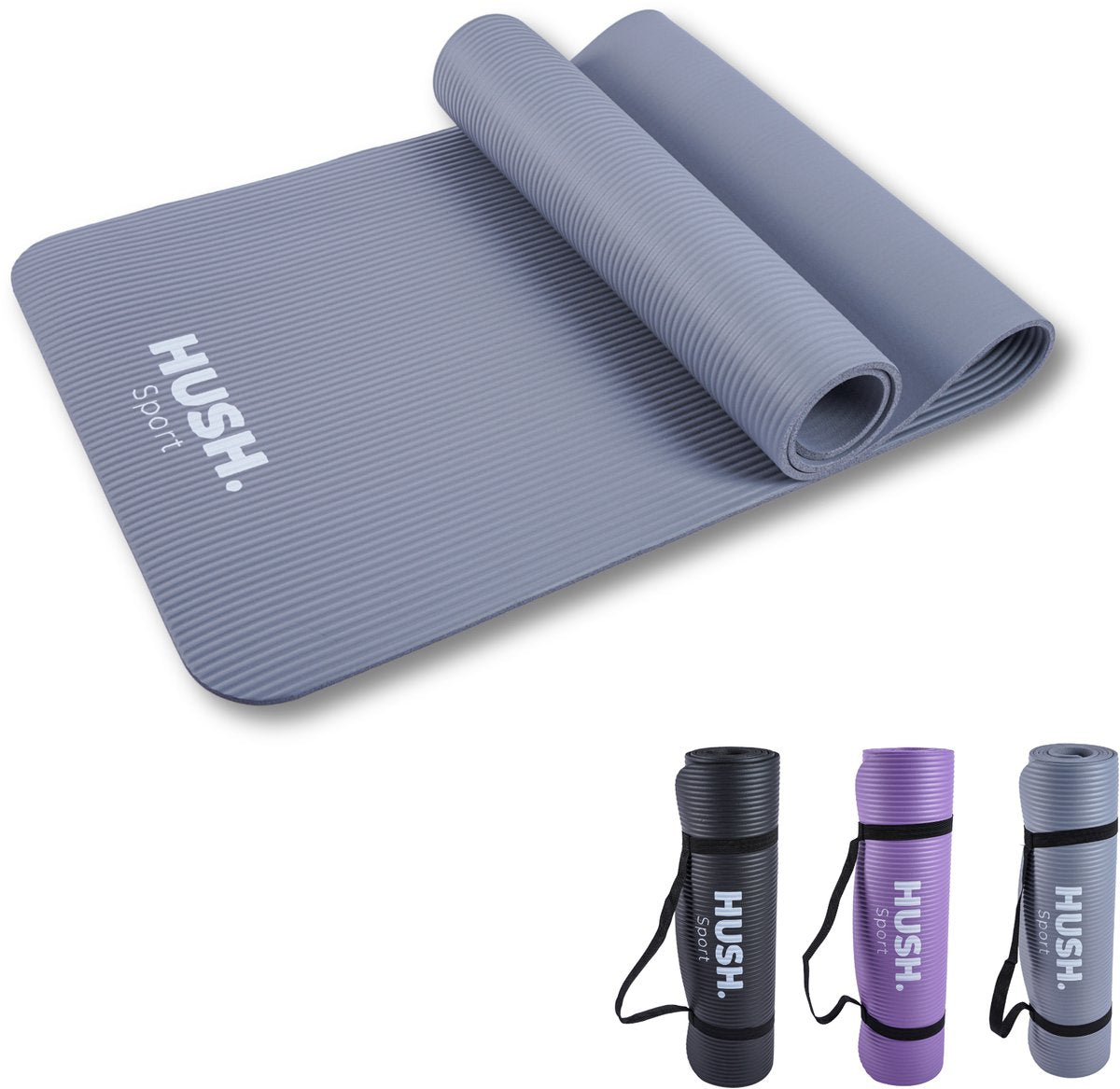 Hush sport - tappetino yoga 180 x 60 cm - imbottitura NBR spessa 8 mm - per yoga, pilates fitness - inclusa pratica tracolla - leggero e arrotolabile - grigio