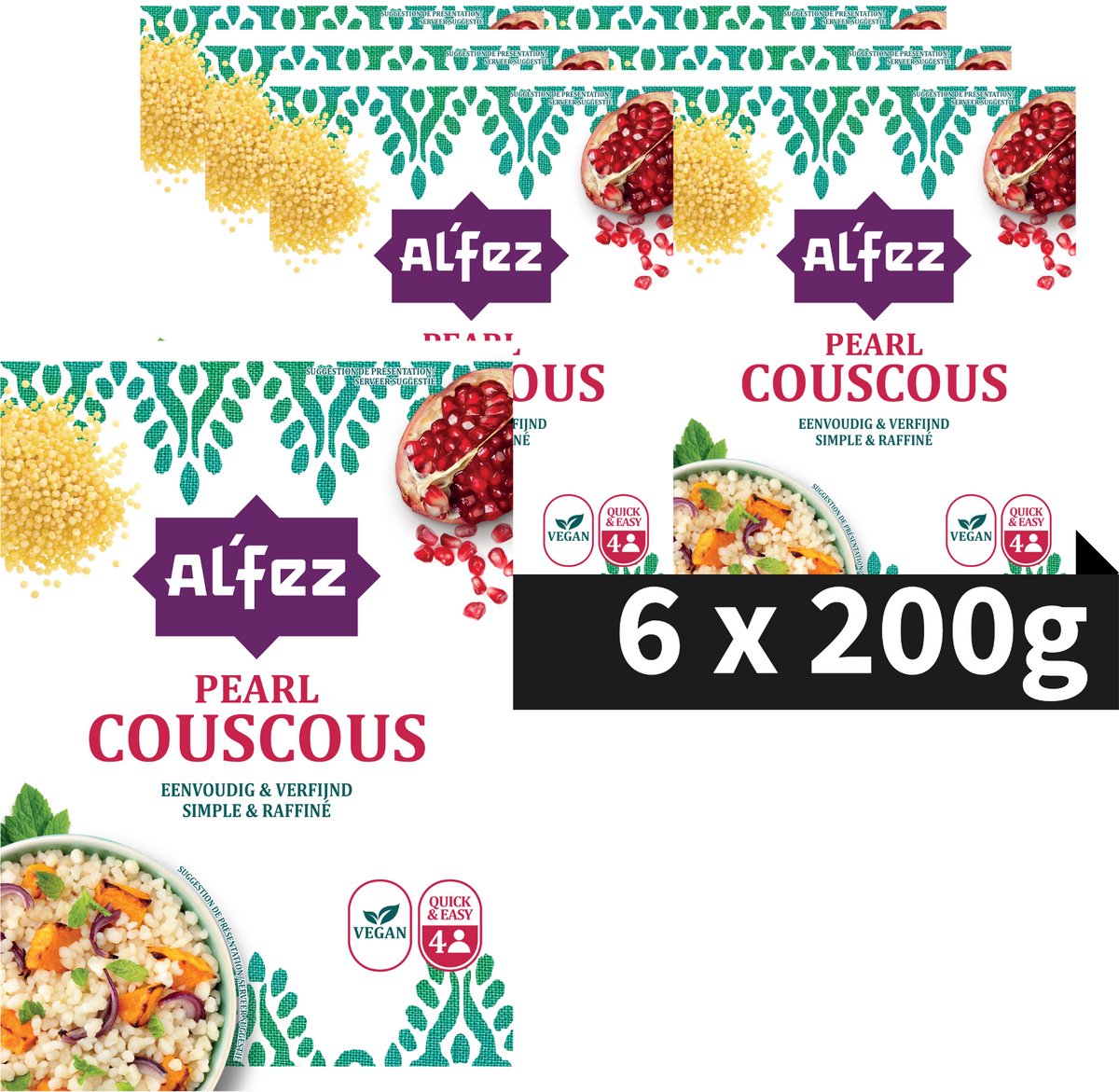 Cuscús perla Al'fez al'fez - 6 x 200 gramos - cuscús vegano - cocina mundial - paquete económico