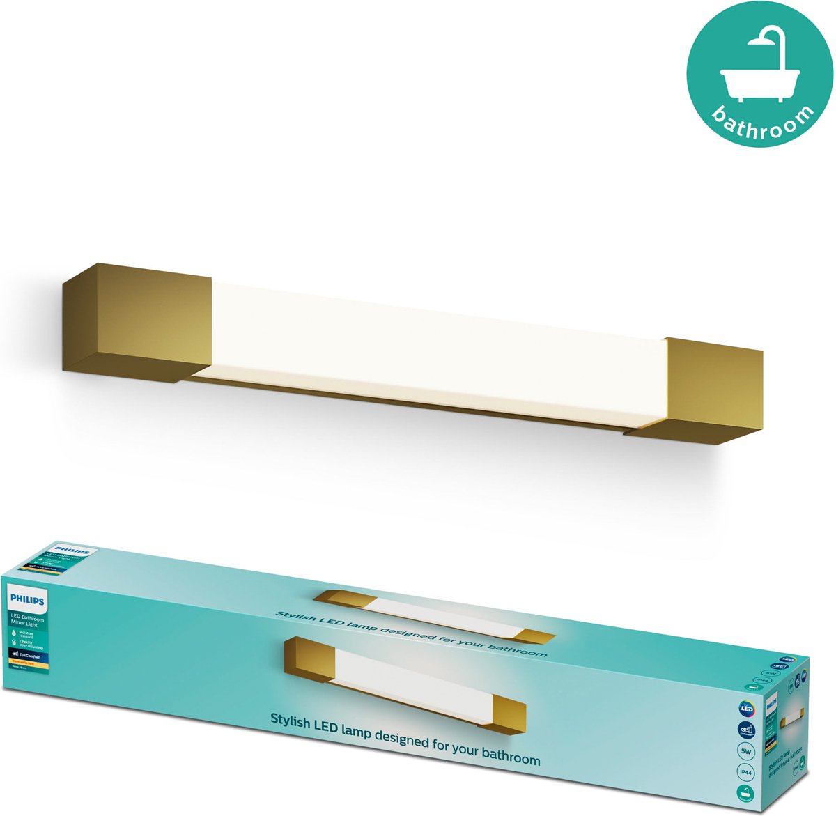 Illuminazione per specchio Philips LED Philips Rover - resistente agli spruzzi IP44 - 5W - luce bianca calda - lampada da bagno - rettangolare - color ottone