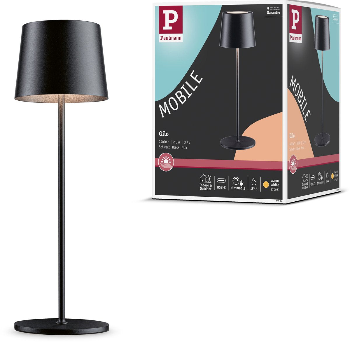 Lampada a batteria Paulmann Gilo IP44 dimmerabile 2700K nero opaco