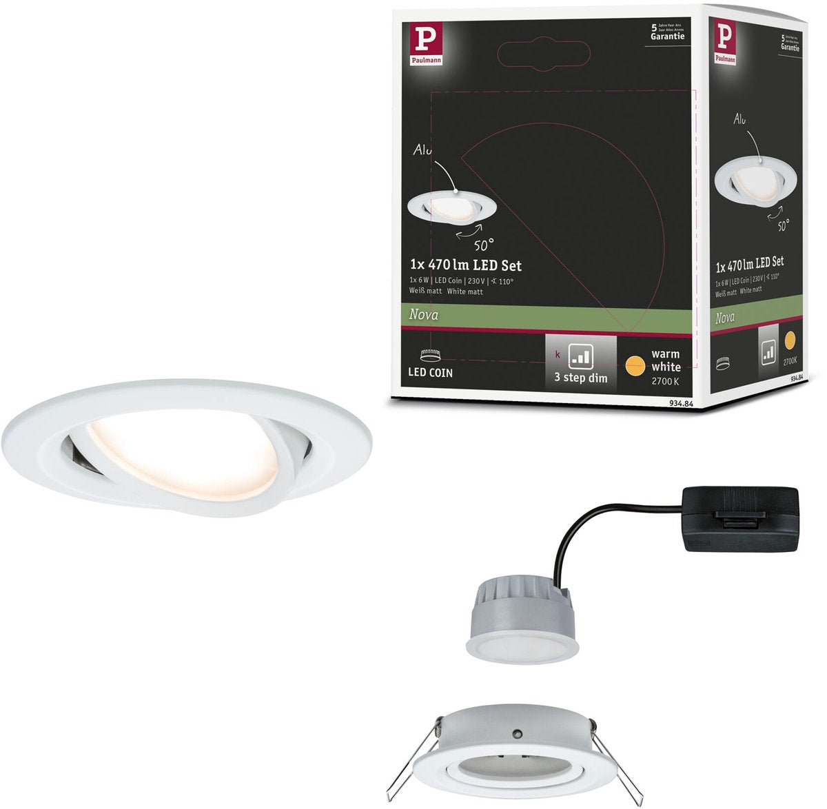 Paulmann LED empotrable 3-step-dim nova moneda orientable redondo 84 mm 50° moneda 6w 470lm 230v regulable 2700k blanco mate