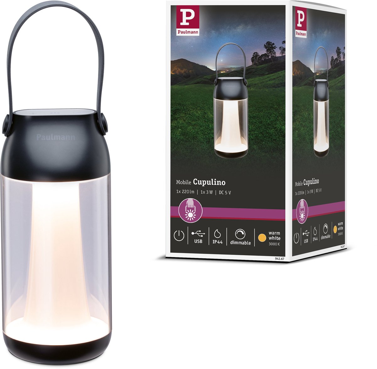 Paulmann acculamp accu cupulino ip44 dimbaar 3000k transparant, antraciet