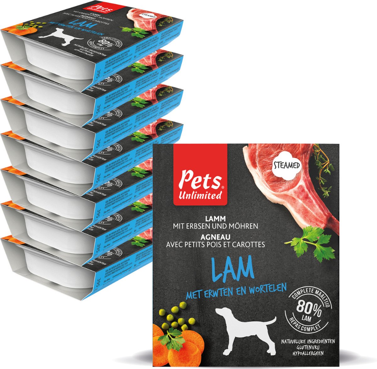 Pets unlimited - comida húmeda para perros - cordero - comida al vapor - 7 envases x 395g