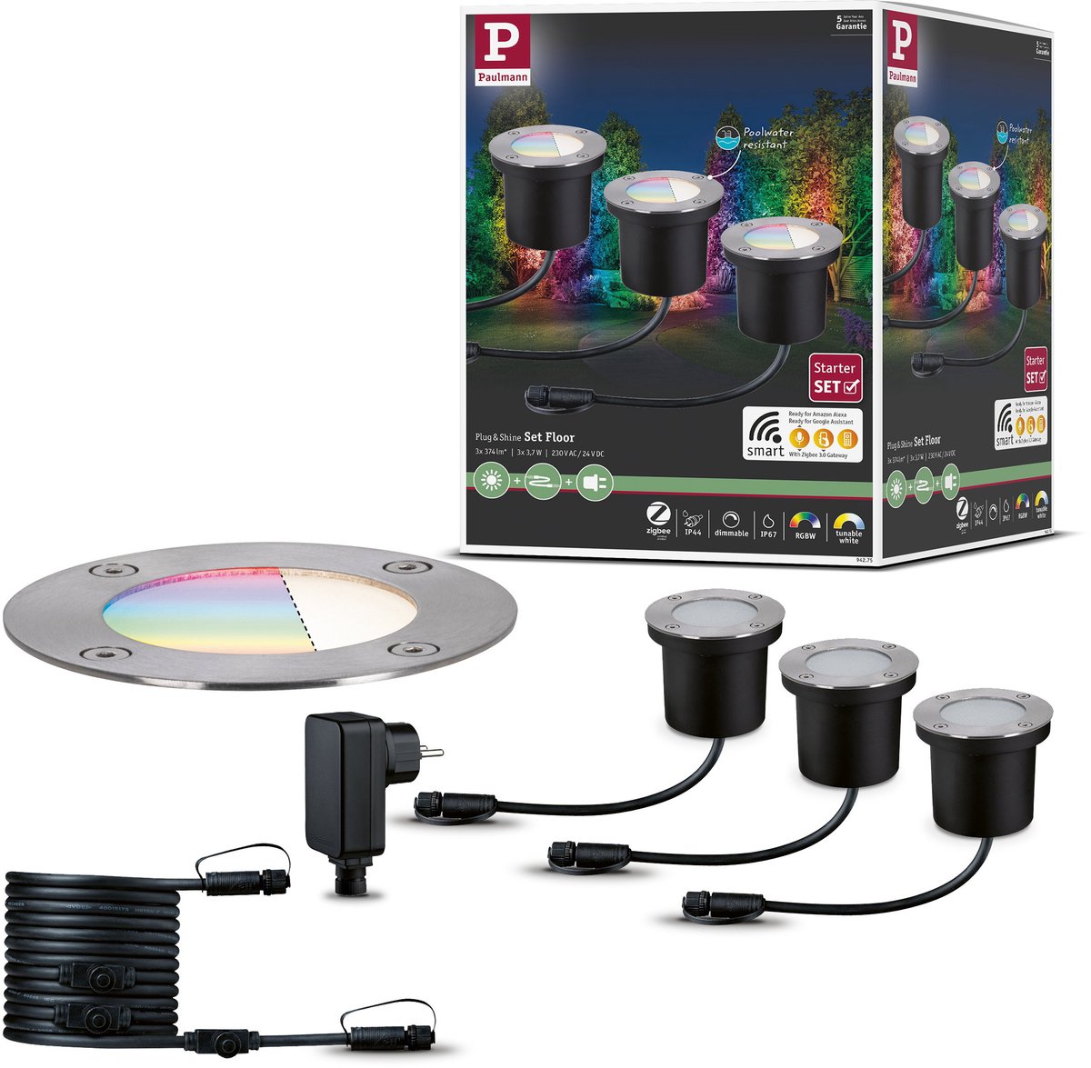 Paulmann Plug Shine Lámpara LED empotrable en el suelo Smart Home Zigbee 3.0 RGBW Basic Set IP67 RGBW+ 3x3.7W Plata